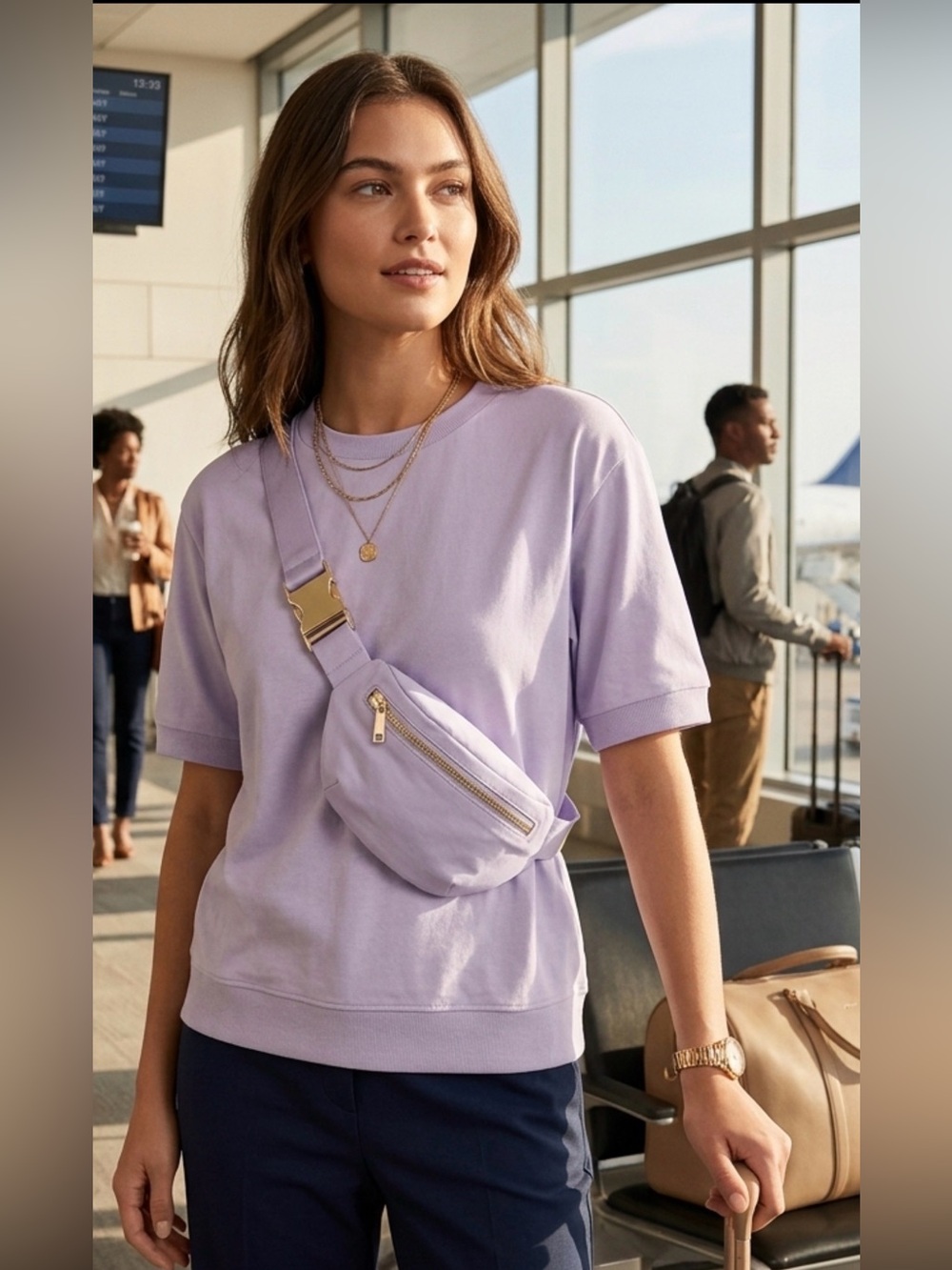 Lavender Short-Sleeve Sweatshirt Blouse with Built-In Pouch